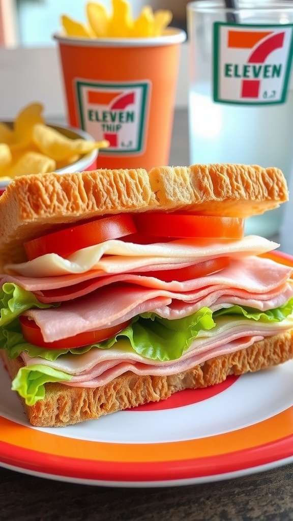A classic deli sandwich with layers of meat, lettuce, and tomato served with chips.